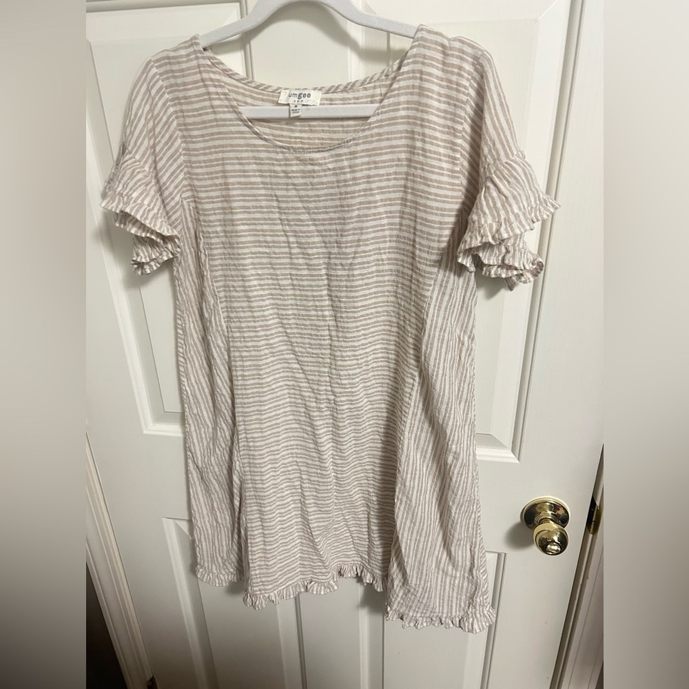 Umgee‎ Striped Dress Linen & Cotton Blend Ruffled Sleeve and Hem Medium